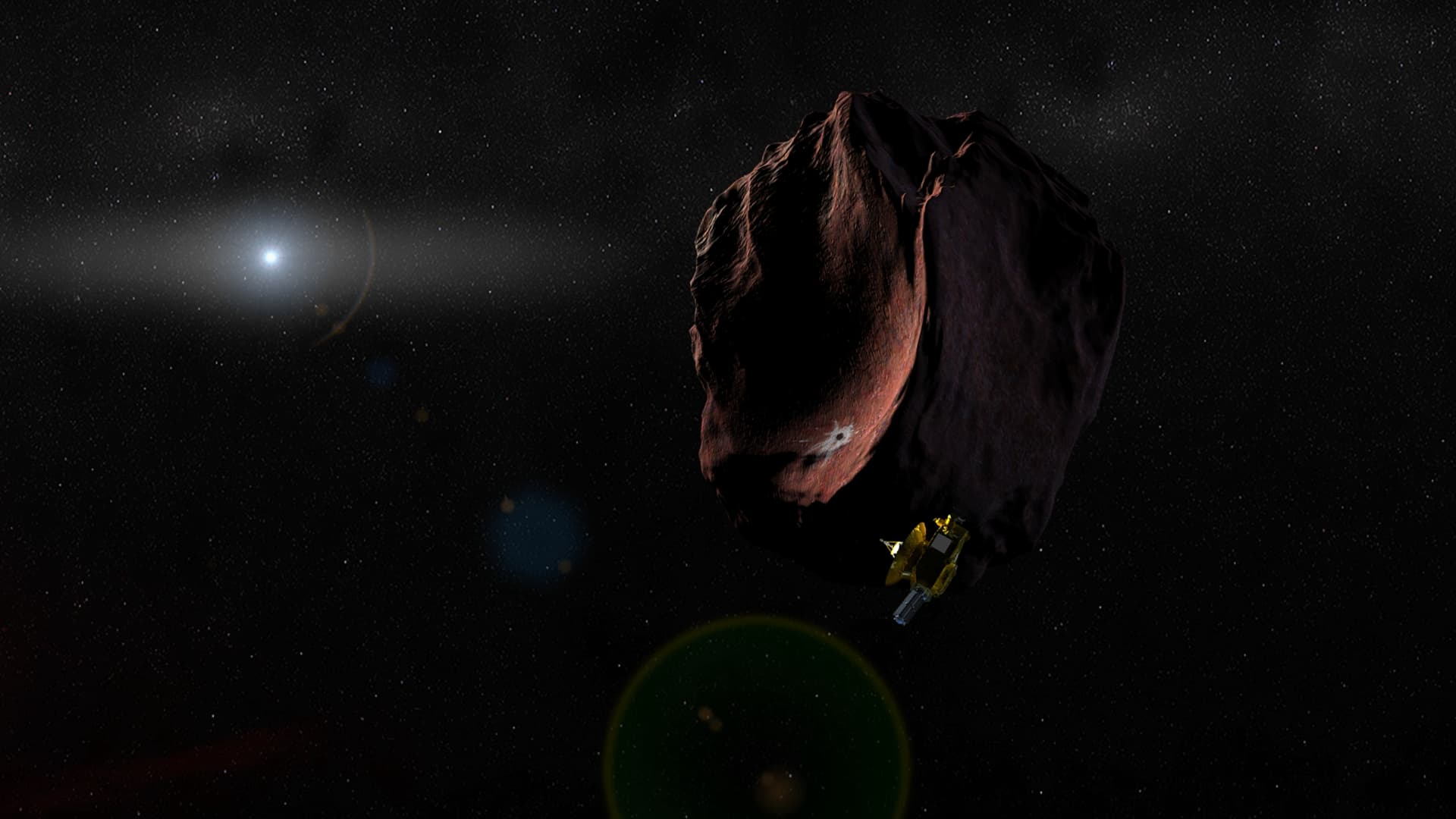 Artist's impression of NASA's New Horizons spacecraft encountering a Pluto-like object in the distant Kuiper Belt. (Credit: NASA/Johns Hopkins University Applied Physics Laboratory/Southwest Research Institute/Steve Gribben)